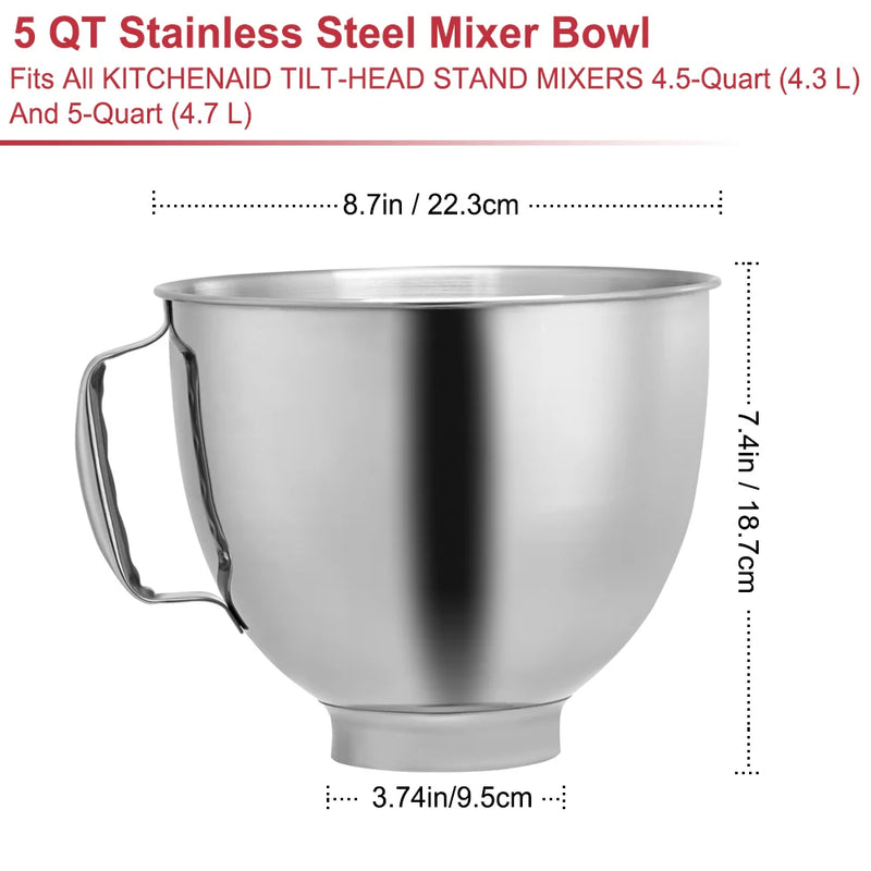 Stainless Steel 5QT Mixing Bowl with Handle – Compatible with KitchenAid Artisan & Classic 4.5–5 Quart Tilt-Head Mixers