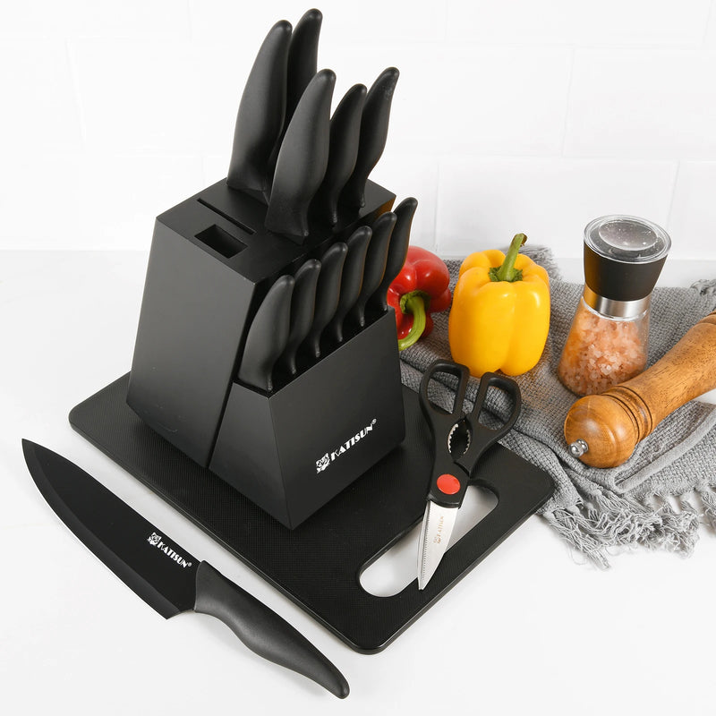 Conjunto de Facas Profissional 15+1 Peças com Tábua de Corte e Tesoura de Cozinha | Lâminas Afiadas e Cabos Antiderrapantes