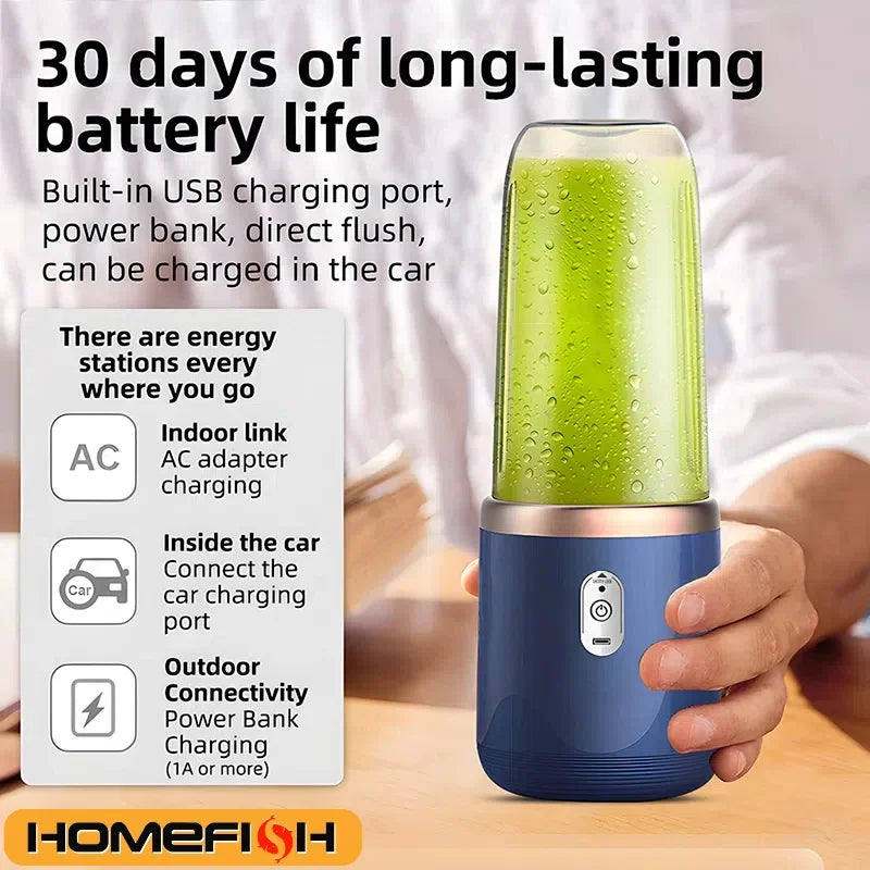 Liquidificador Portátil USB 400ml | Mini Juicer Elétrico 2 Copos para Sucos, Smoothies, Laranja e Limão