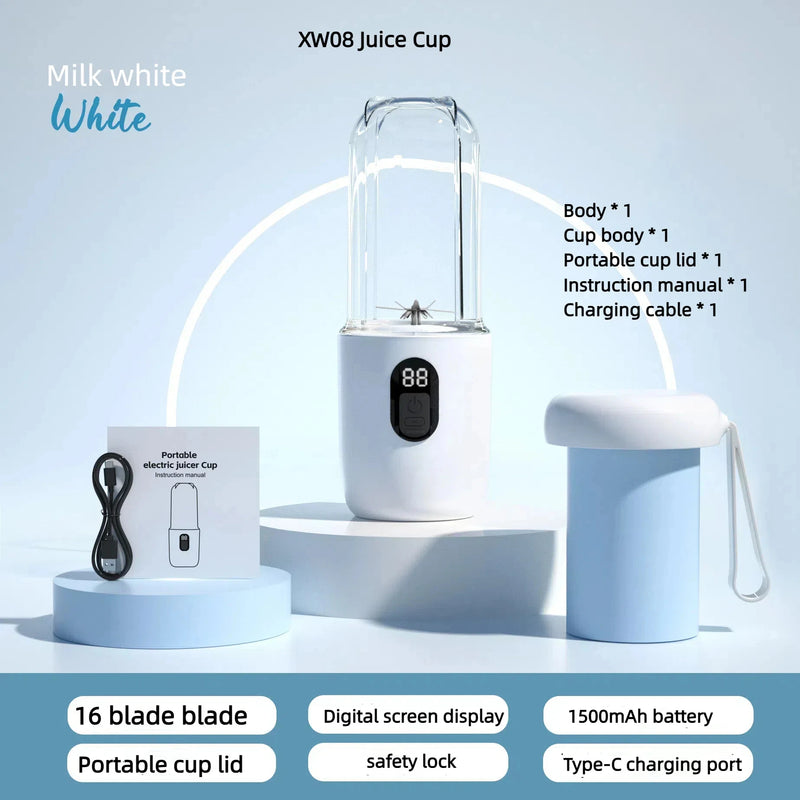 Liquidificador Portátil USB 400ml | Mini Juicer Elétrico 2 Copos para Sucos, Smoothies, Laranja e Limão