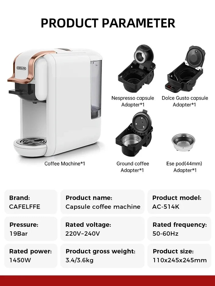 Cafelffe 4-in-1 Coffee Machine – Compatible with Nespresso, Dolce Gusto, ESE Pods & Ground Coffee | 19 Bar Hot & Cold Espresso Maker